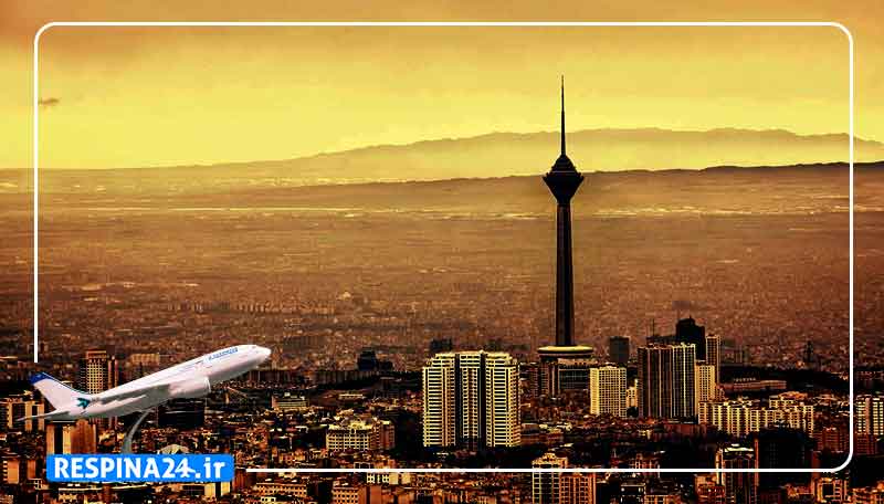 برج میلاد تهران و یک هواپیما در حال پرواز کوچک در گوشه تصویر